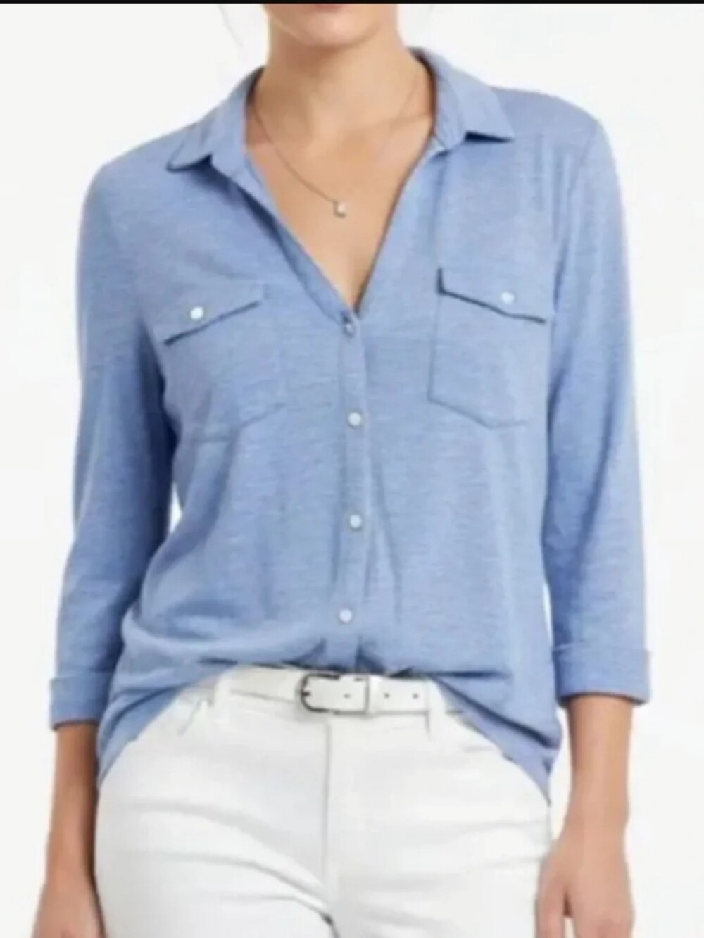 J. McLaughlin Linen Blend Button Front Shirt Pockets Foldover Collar L Large